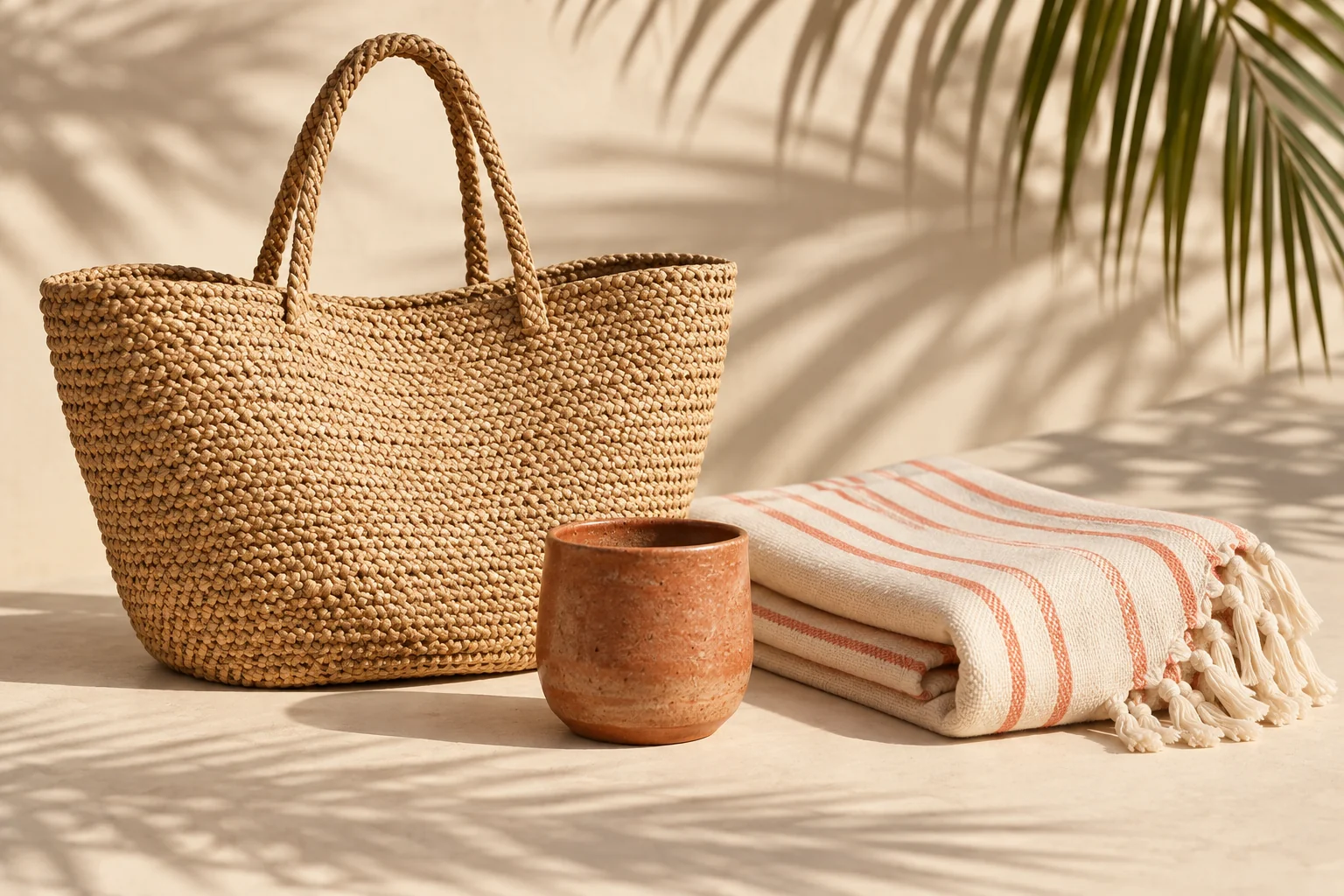 A raffia tote, terracotta cup and striped cotton towel arranged in warm island-inspired light