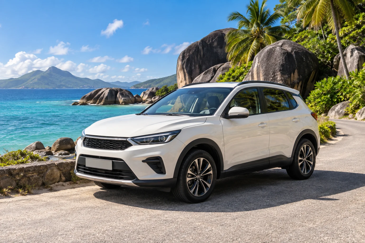 An ivory compact crossover beside granite boulders and turquoise water on a Seychelles-inspired coastal road