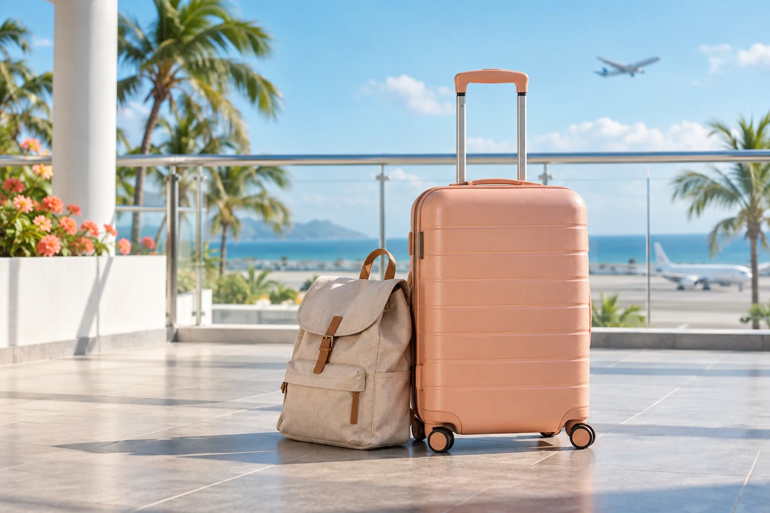 Peach carry-on luggage and a canvas backpack in a bright tropical airport setting